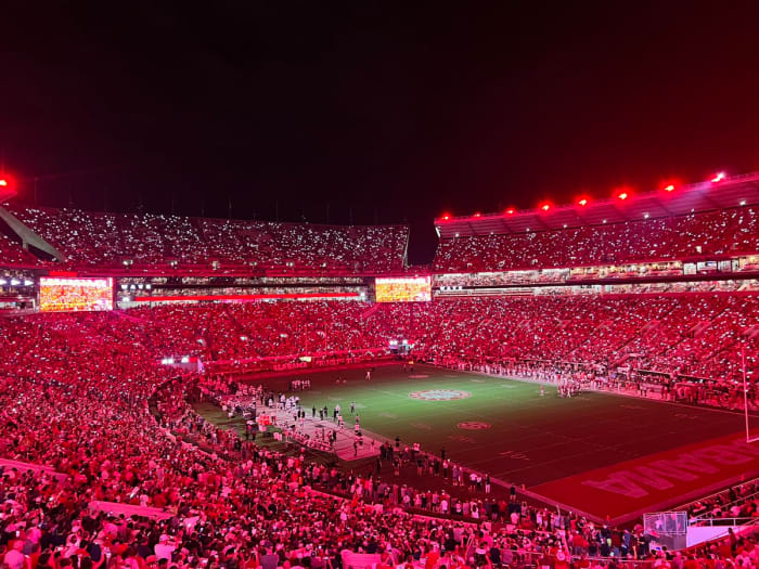 Bryant-Denny Stadium lit up against Utah State